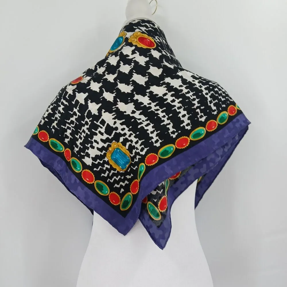 womens vintage square black and purple jewel gems print silky scarf